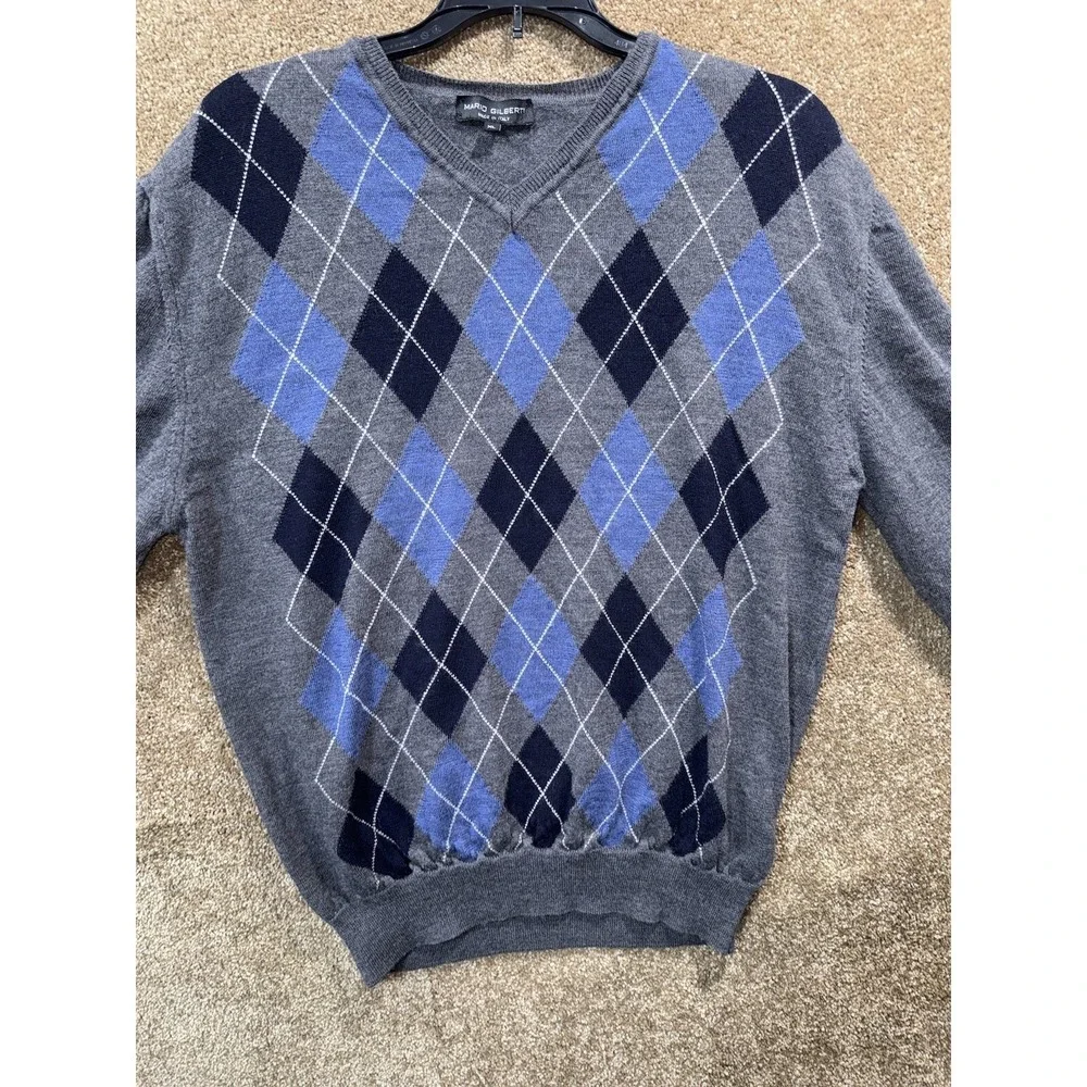 Mario Gilberti‎ Mens XL Argyle V-Neck Sweater 100% Extrafine Merino Wool Italy